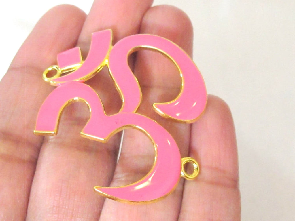 1 Pendant - Large size Hot pink enamel inlaid gold tone plated Om Pendant Bead connector - CM097