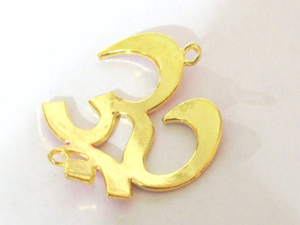 1 Pendant - Large size Hot pink enamel inlaid gold tone plated Om Pendant Bead connector - CM097