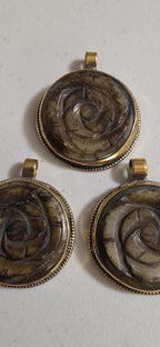 OOAK Beautiful Tibetan Nepal rose flower carved stone brass pendant antiqued finish - PM275C
