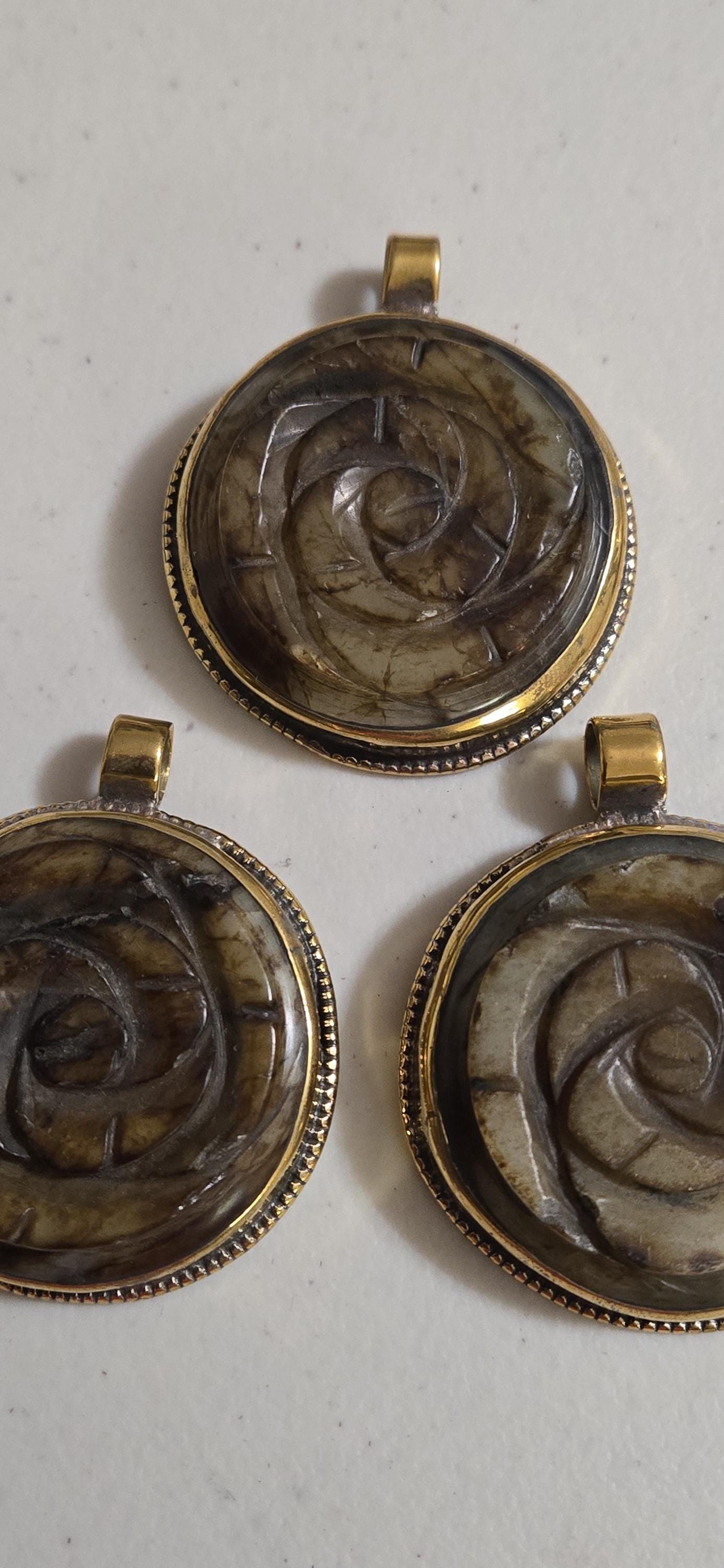 OOAK Beautiful Tibetan Nepal rose flower carved stone brass pendant antiqued finish - PM275C
