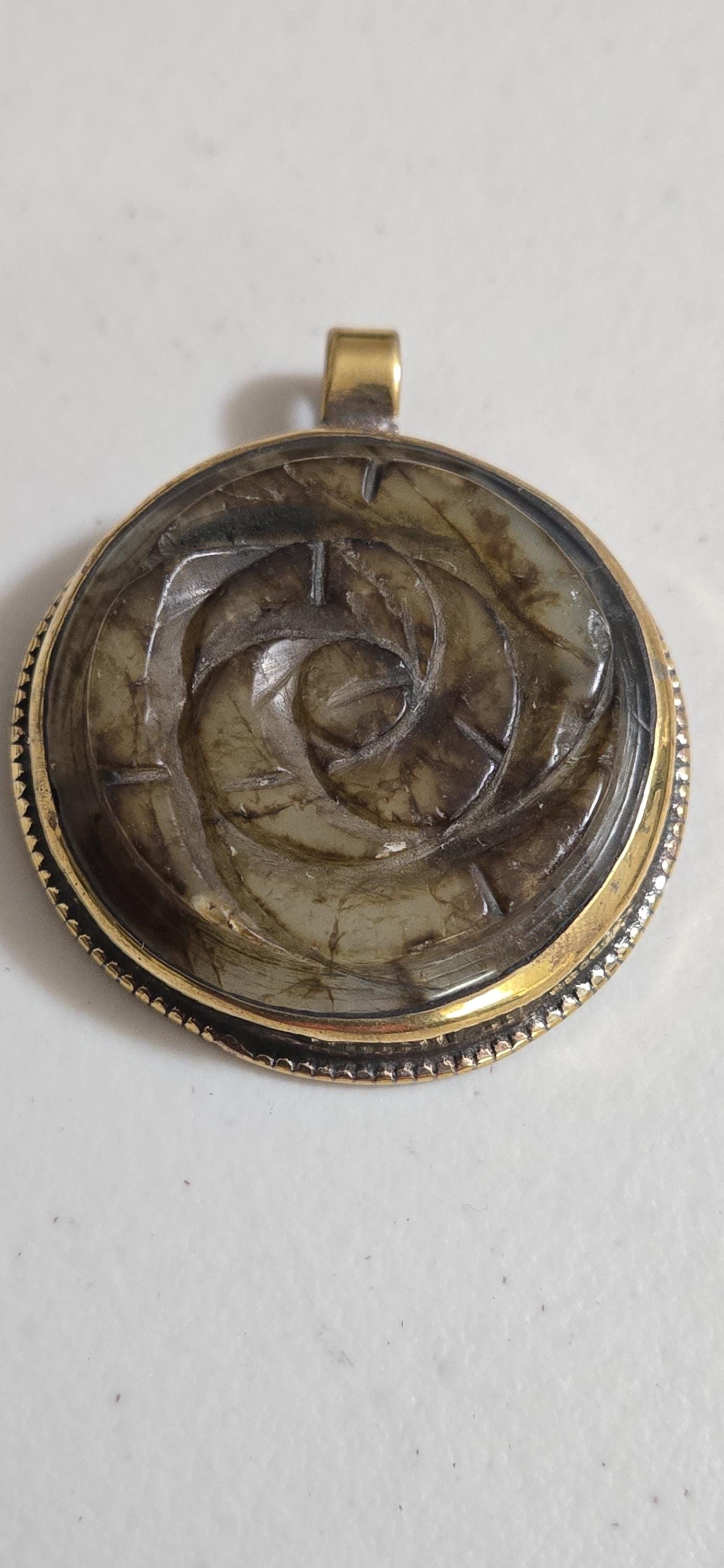 OOAK Beautiful Tibetan Nepal rose flower carved stone brass pendant antiqued finish - PM275C