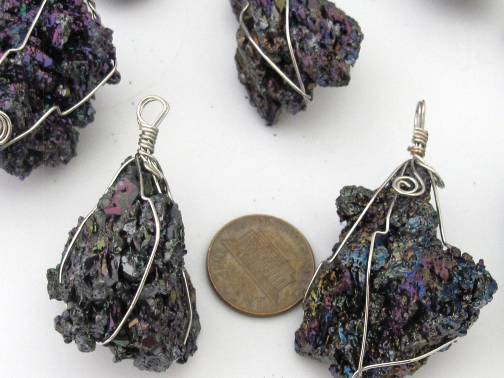 1 Pendant - Rough raw electroplated natural quartz gemstone wire wrapped pendant - PM323A