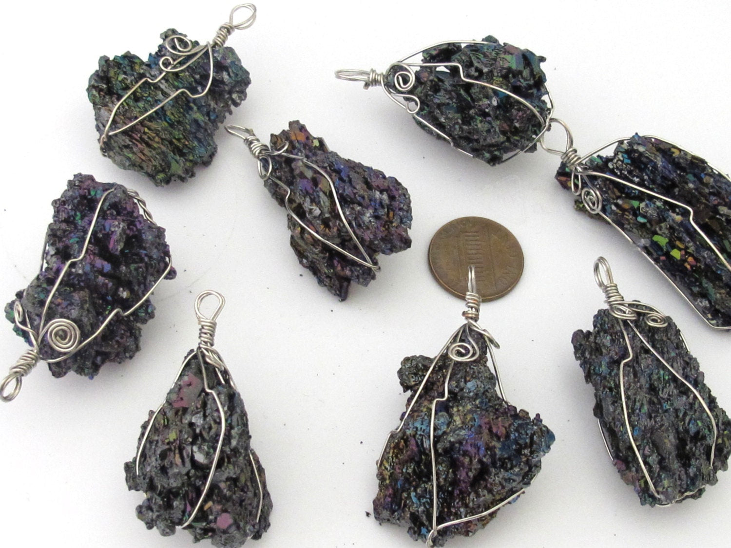 1 Pendant - Rough raw electroplated natural quartz gemstone wire wrapped pendant - PM323A