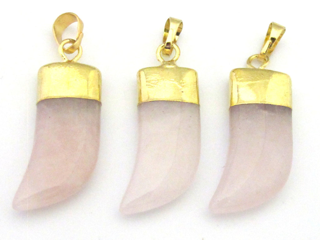 1 Pendant - Pink rose quartz gemstone horn pendant with golden bail - PM324D