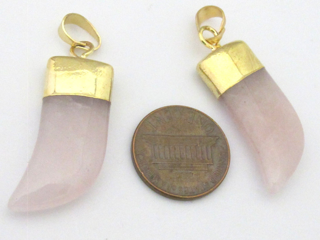 1 Pendant - Pink rose quartz gemstone horn pendant with golden bail - PM324D