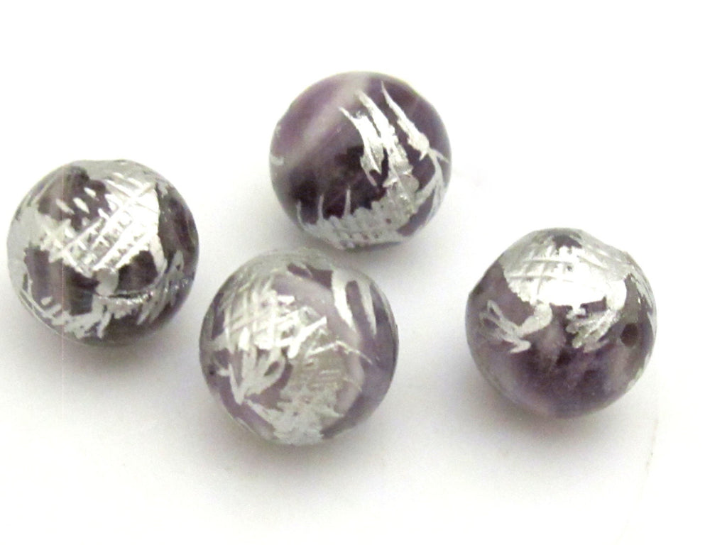 2 BEADS - Amethyst gemstone beads with silver Dragon painting - 10mm - GM358A