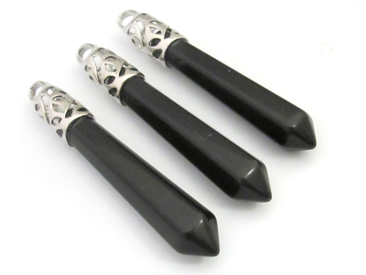 1 Pendant - Long black agate gemstone bullet hexagon cut faceted teardrop pendant - PM329C