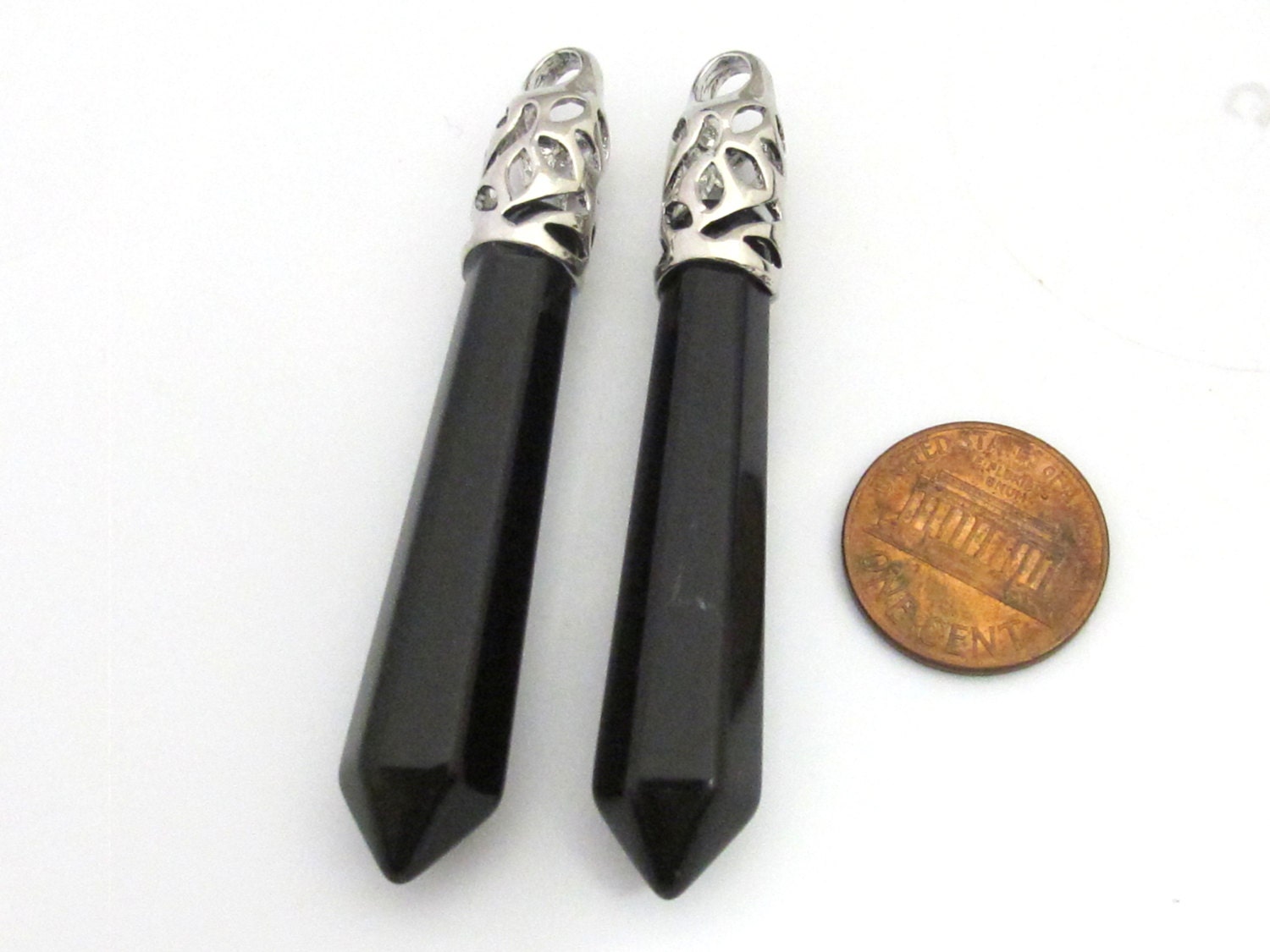 1 Pendant - Long black agate gemstone bullet hexagon cut faceted teardrop pendant - PM329C