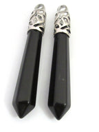 1 Pendant - Long black agate gemstone bullet hexagon cut faceted teardrop pendant - PM329C