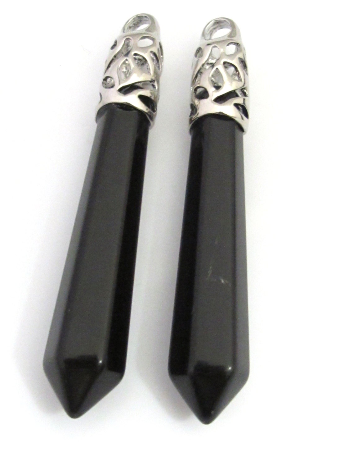 1 Pendant - Long black agate gemstone bullet hexagon cut faceted teardrop pendant - PM329C