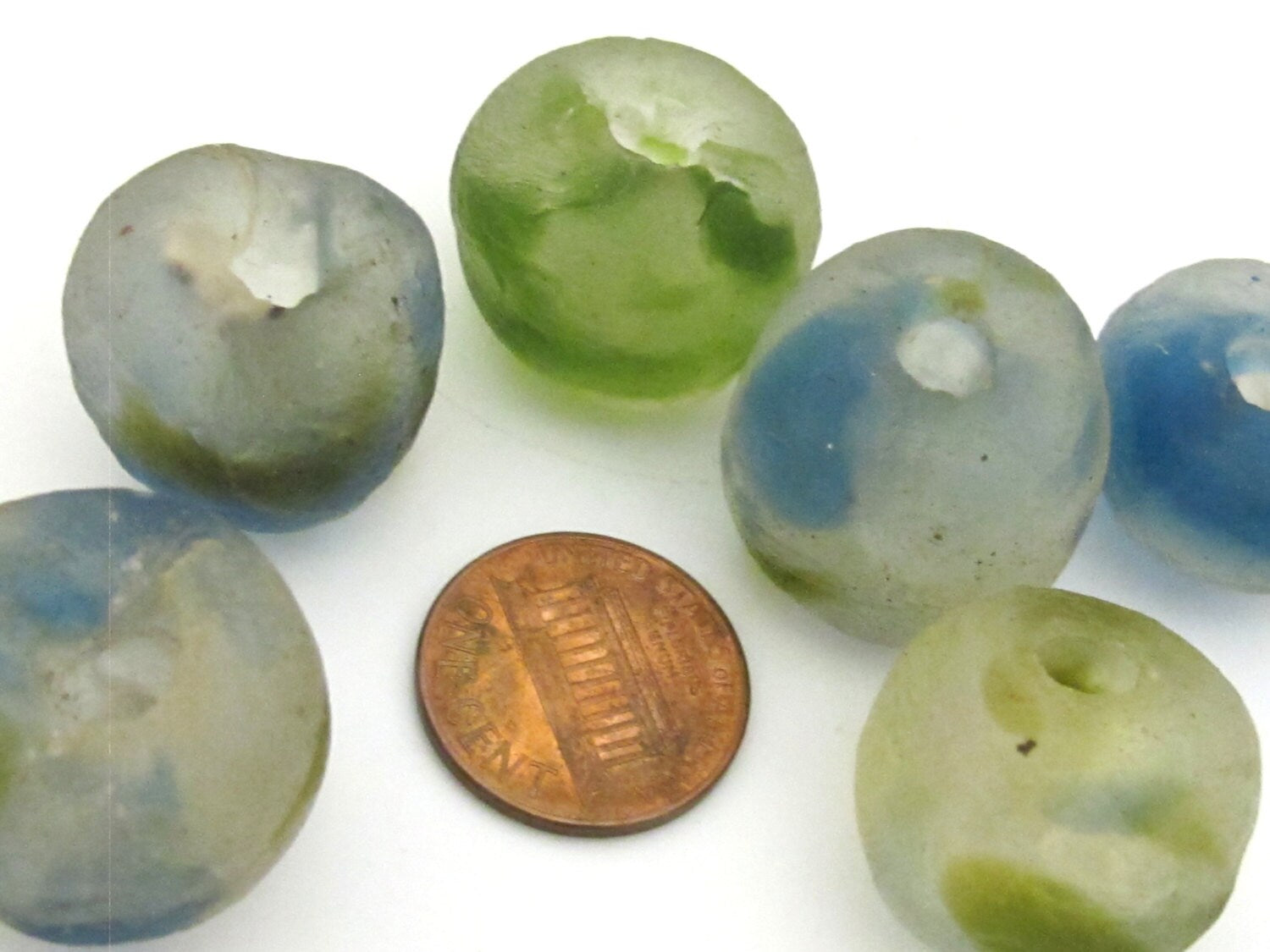 4 BEADS - 20 mm to 23 mm size Large thick recycled peacock blue green african glass beads - AB001