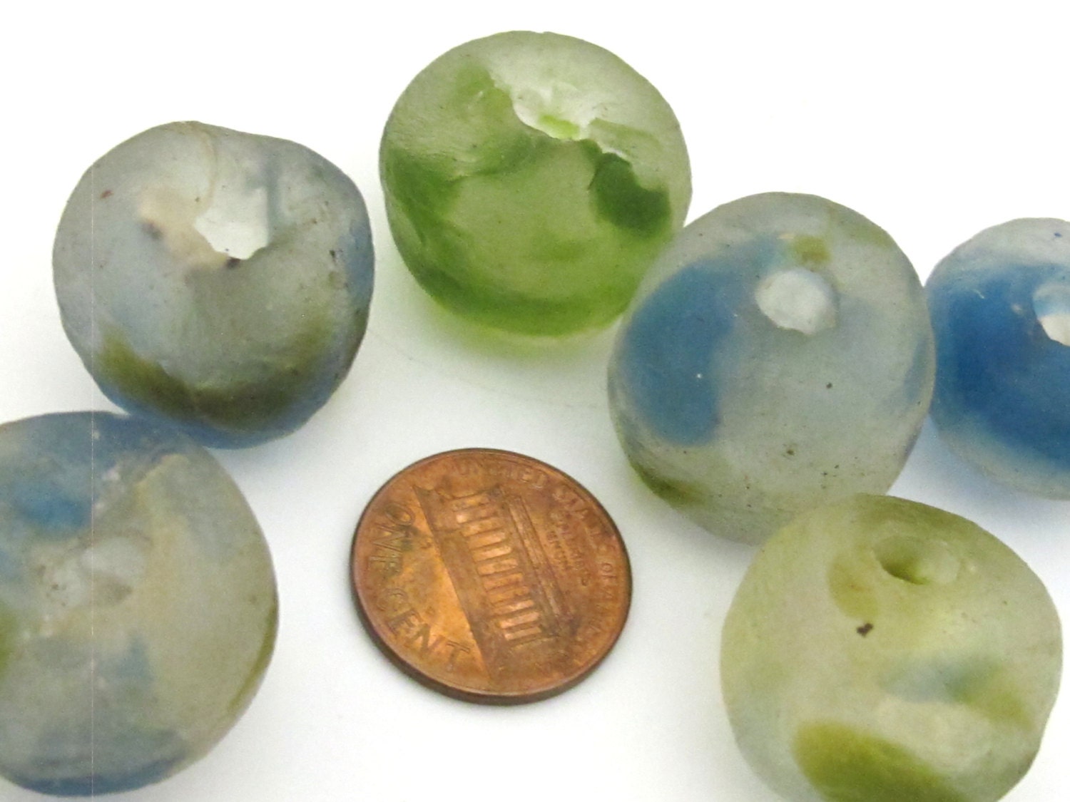 4 BEADS - 20 mm to 23 mm size Large thick recycled peacock blue green african glass beads - AB001