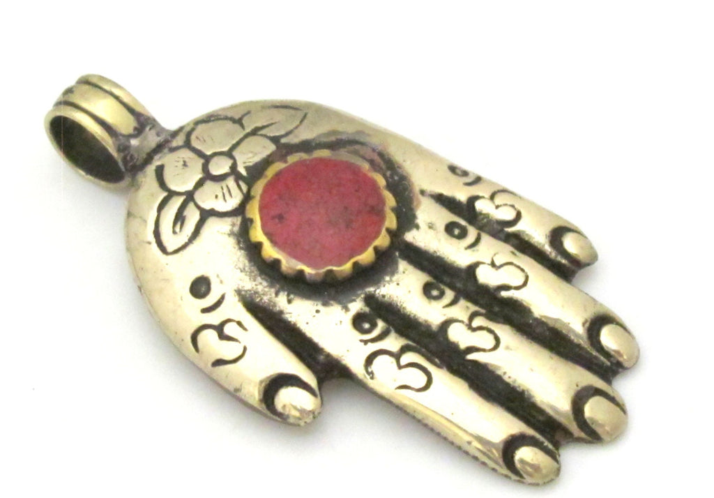 Reversible Tibetan pendant - Tibetan silver Buddha hand Om pendant with coral inlay and flower details - PM331B