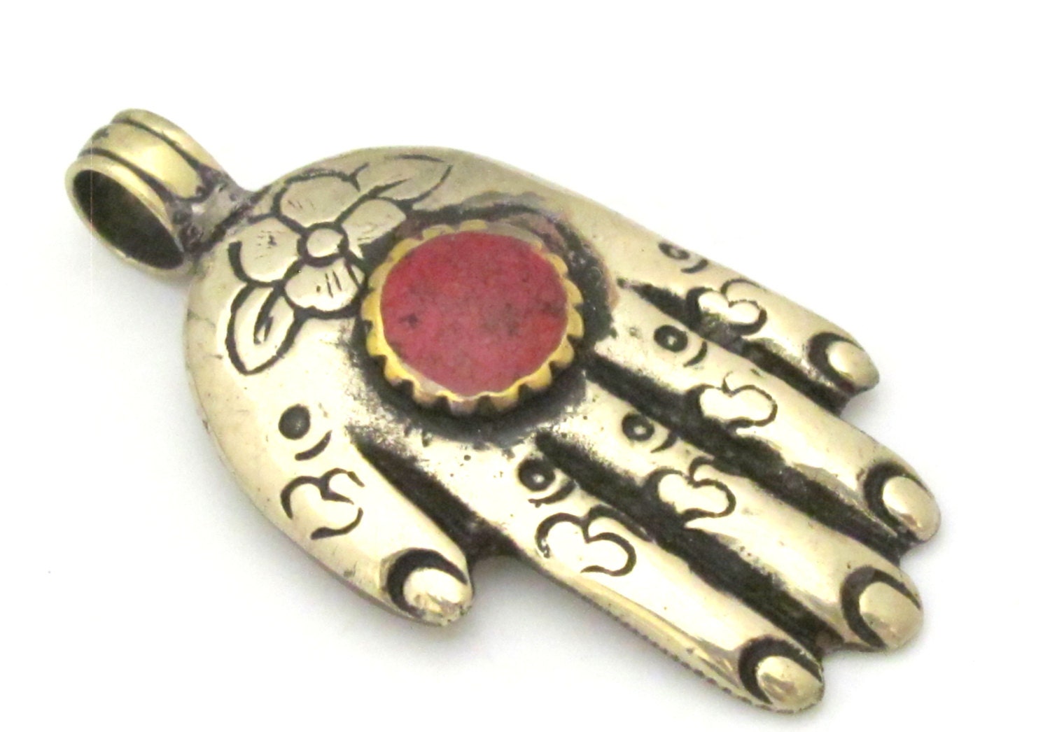 Reversible Tibetan pendant - Tibetan silver Buddha hand Om pendant with coral inlay and flower details - PM331B