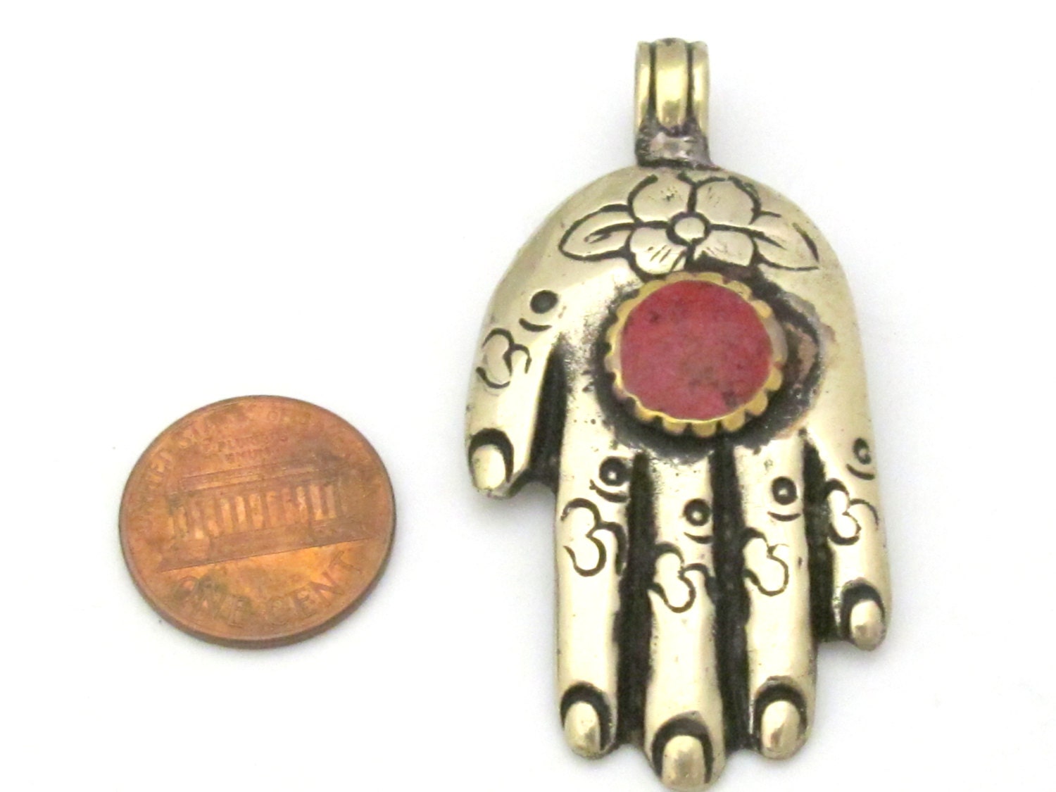 Reversible Tibetan pendant - Tibetan silver Buddha hand Om pendant with coral inlay and flower details - PM331B