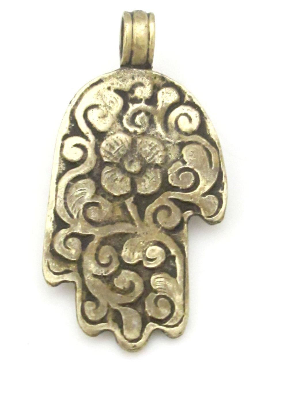 Reversible Tibetan pendant - Tibetan silver Buddha hand Om pendant with coral inlay and flower details - PM331B