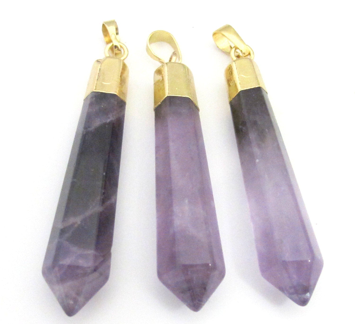 1 Pendant - Amethyst gemstone hexagon facet cut point pendant with golden bail - PM334B