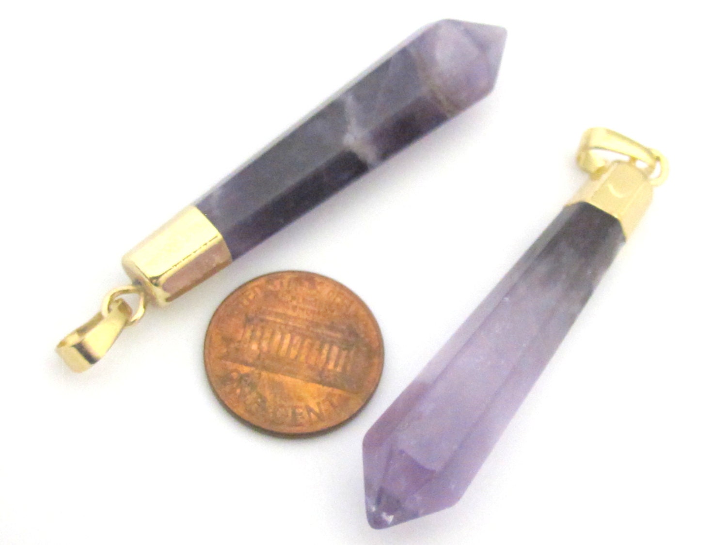 1 Pendant - Amethyst gemstone hexagon facet cut point pendant with golden bail - PM334B