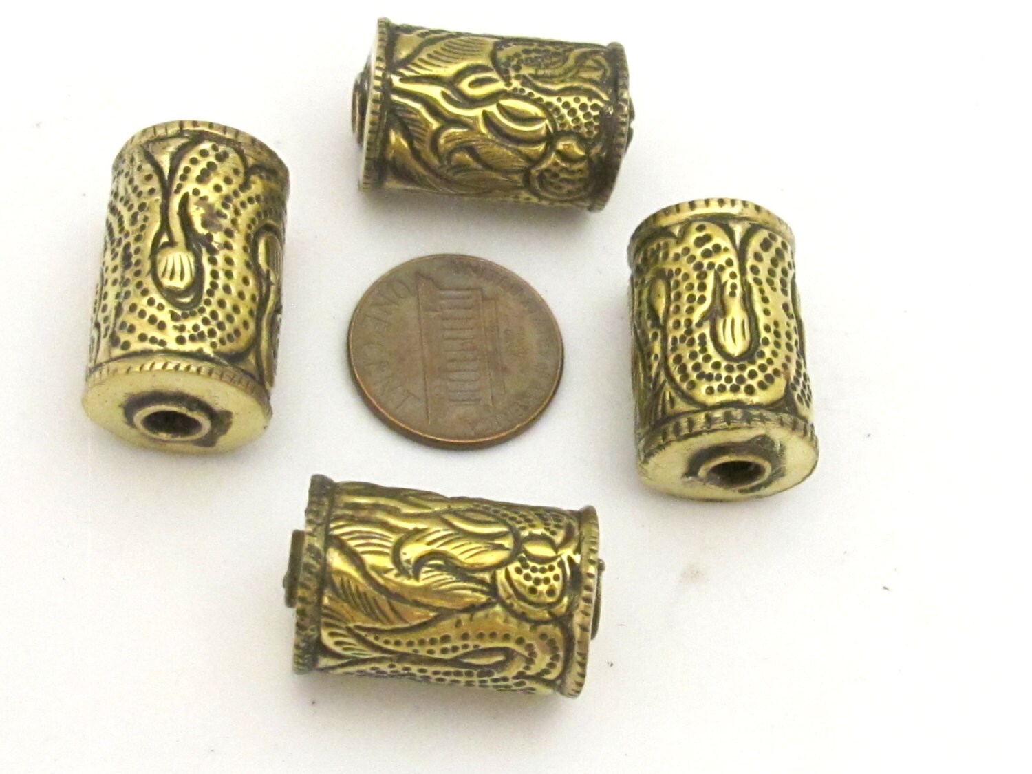 1 BEAD - Tibetan brass bead with long tail dragon repousse design - BD717