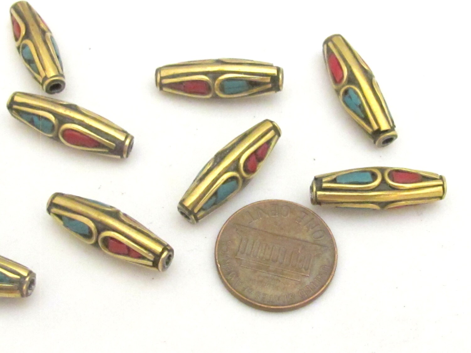 4 Beads - Bicone brass beads from Nepal with turquoise inlay - BD718