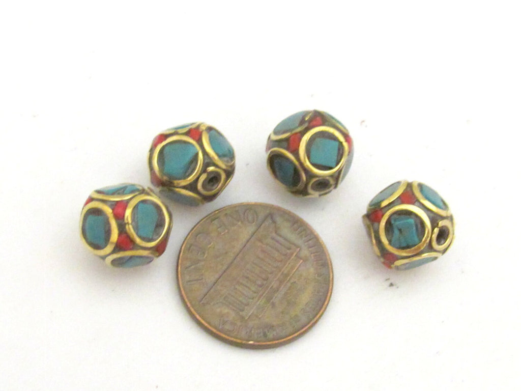 Sale 4 beads - Tibetan brass bead with turquoise circles pattern and coral inlaid - BD719