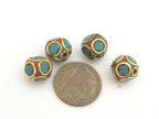 Sale 4 beads - Tibetan brass bead with turquoise circles pattern and coral inlaid - BD719