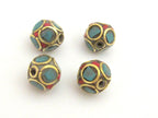 Sale 4 beads - Tibetan brass bead with turquoise circles pattern and coral inlaid - BD719