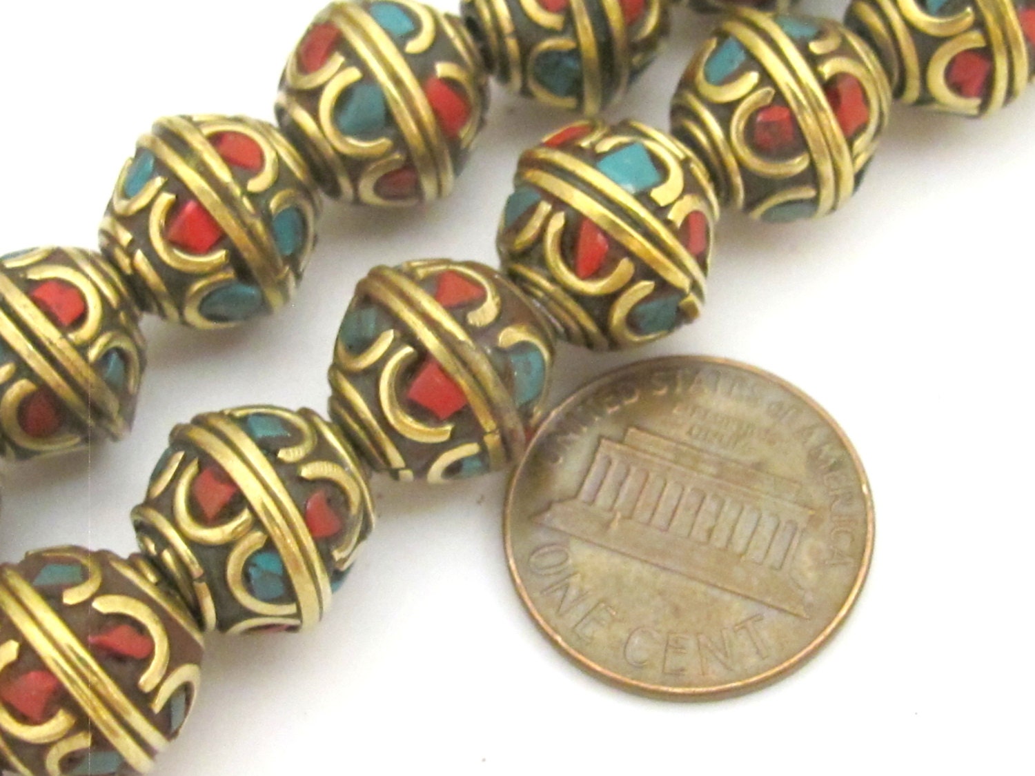4 beads - Tibetan brass bead with turquoise and coral inlay - BD720