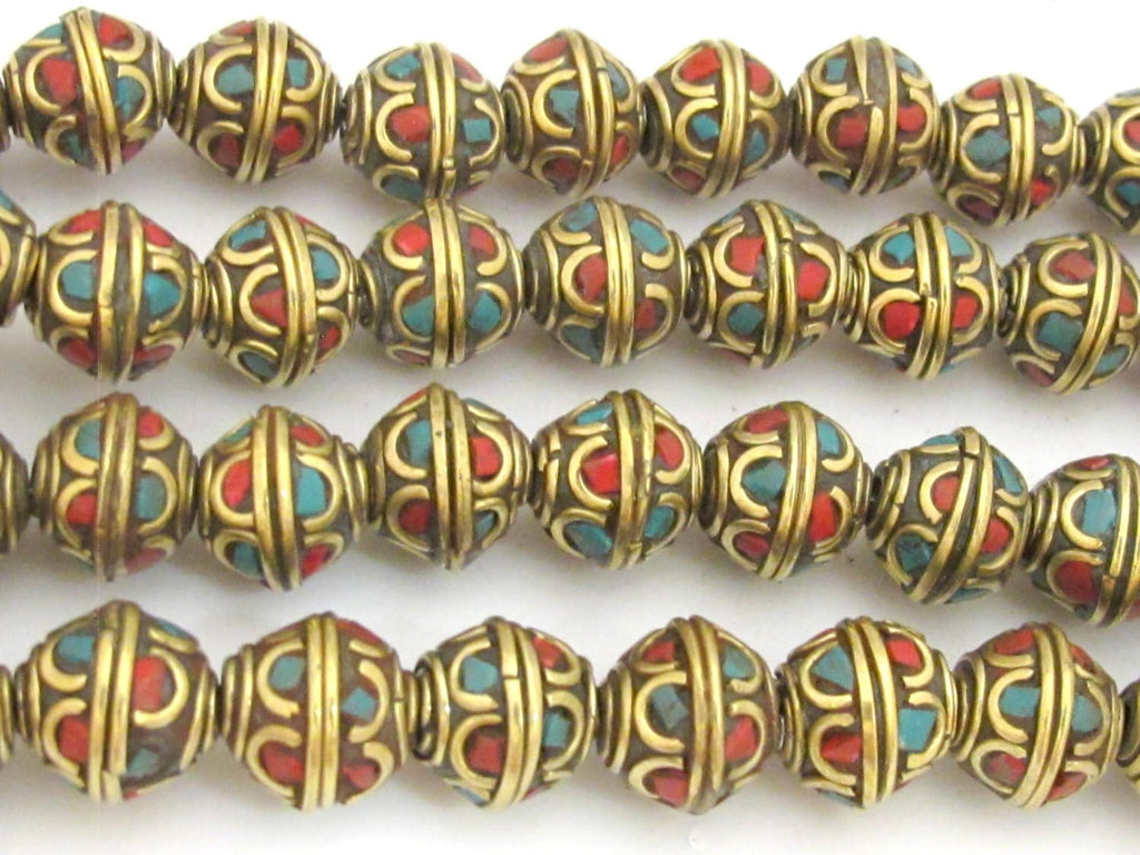 4 beads - Tibetan brass bead with turquoise and coral inlay - BD720