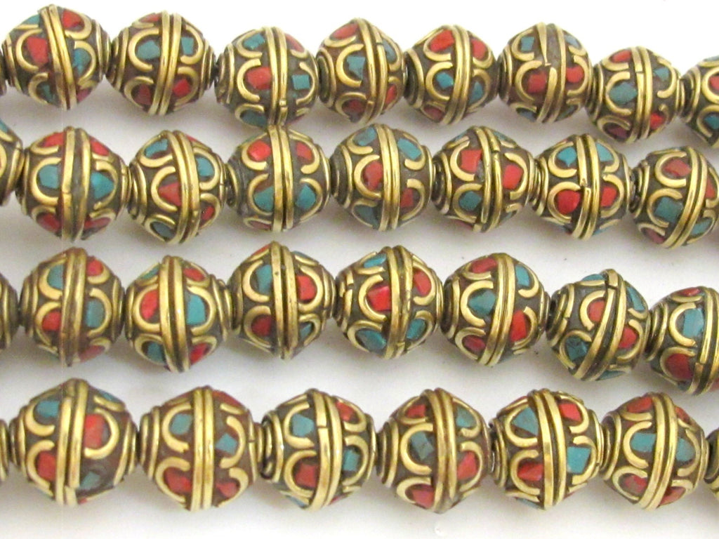 4 beads - Tibetan brass bead with turquoise and coral inlay - BD720