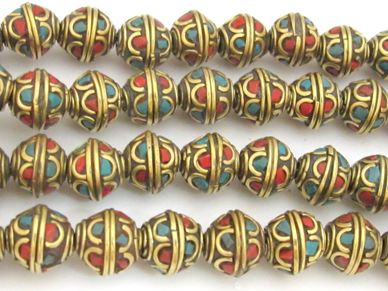 4 beads - Tibetan brass bead with turquoise and coral inlay - BD720