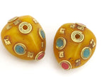 1 Bead - Beautiful reversible Tibetan copal resin beads with brass Om mantra and turquoise inlay - BD721