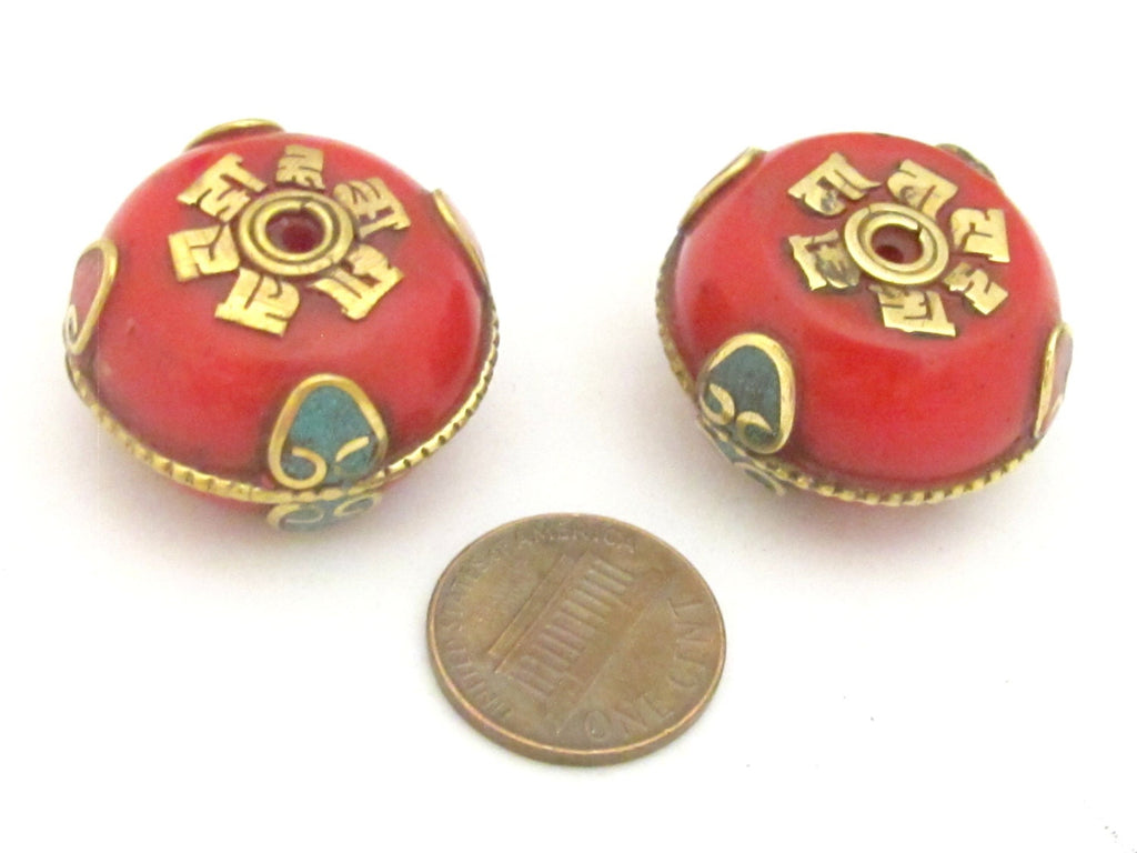 1 Bead - Beautiful reversible Tibetan red copal resin beads with brass Om mantra and turquoise inlay - BD722