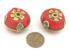 1 Bead - Beautiful reversible Tibetan red copal resin beads with brass Om mantra and turquoise inlay - BD722