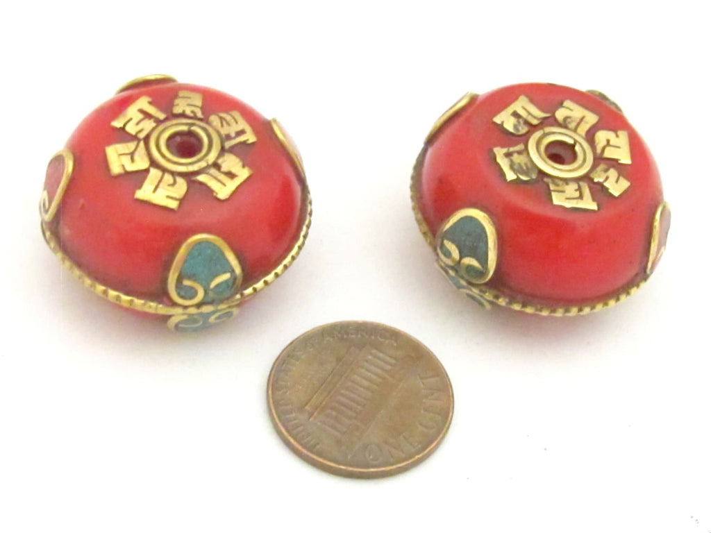 1 Bead - Beautiful reversible Tibetan red copal resin beads with brass Om mantra and turquoise inlay - BD722
