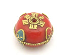 1 Bead - Beautiful reversible Tibetan red copal resin beads with brass Om mantra and turquoise inlay - BD722