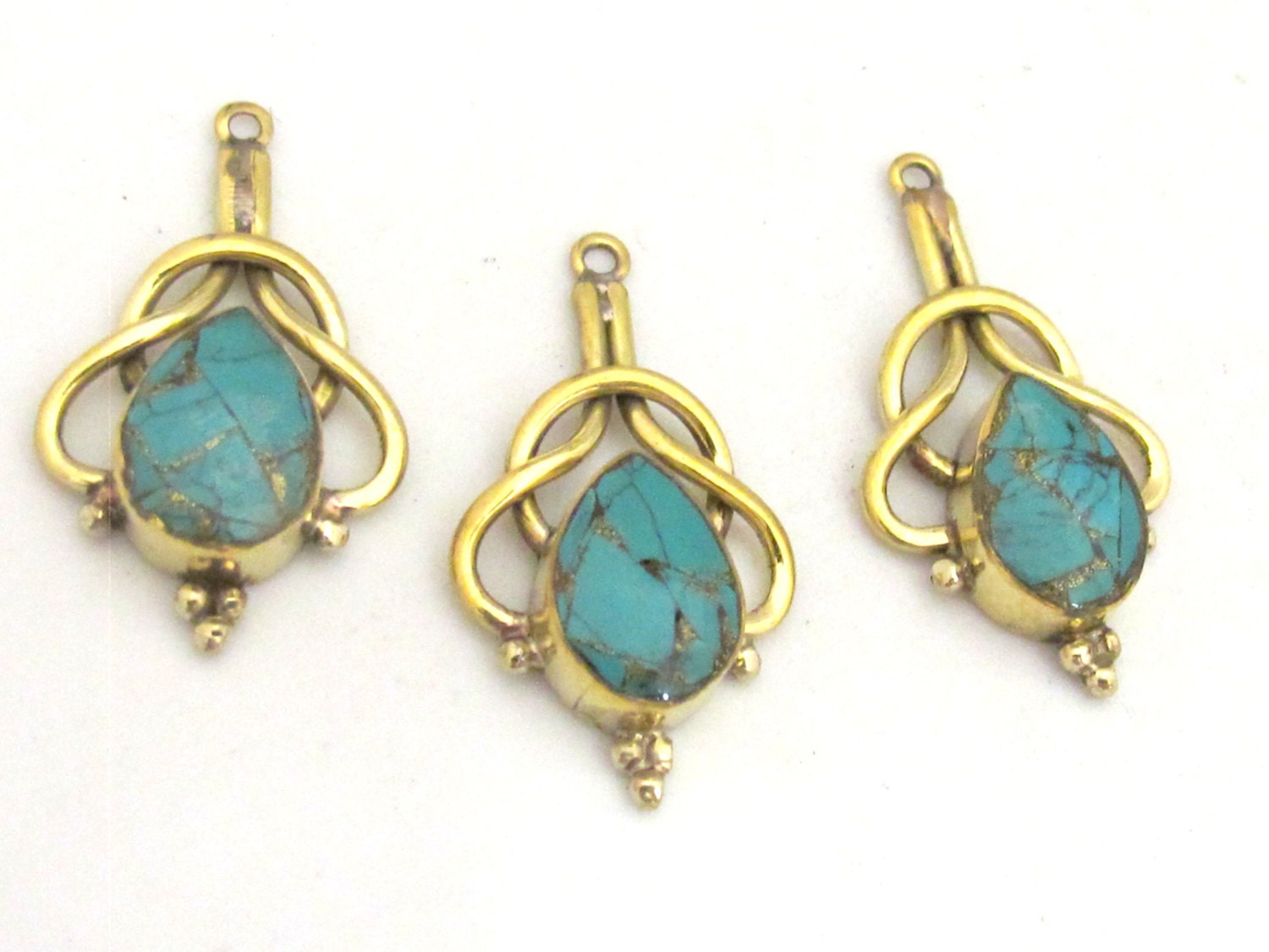 2 pieces - Tibetan Brass teardrop design turquoise inlaid charms - PM335A
