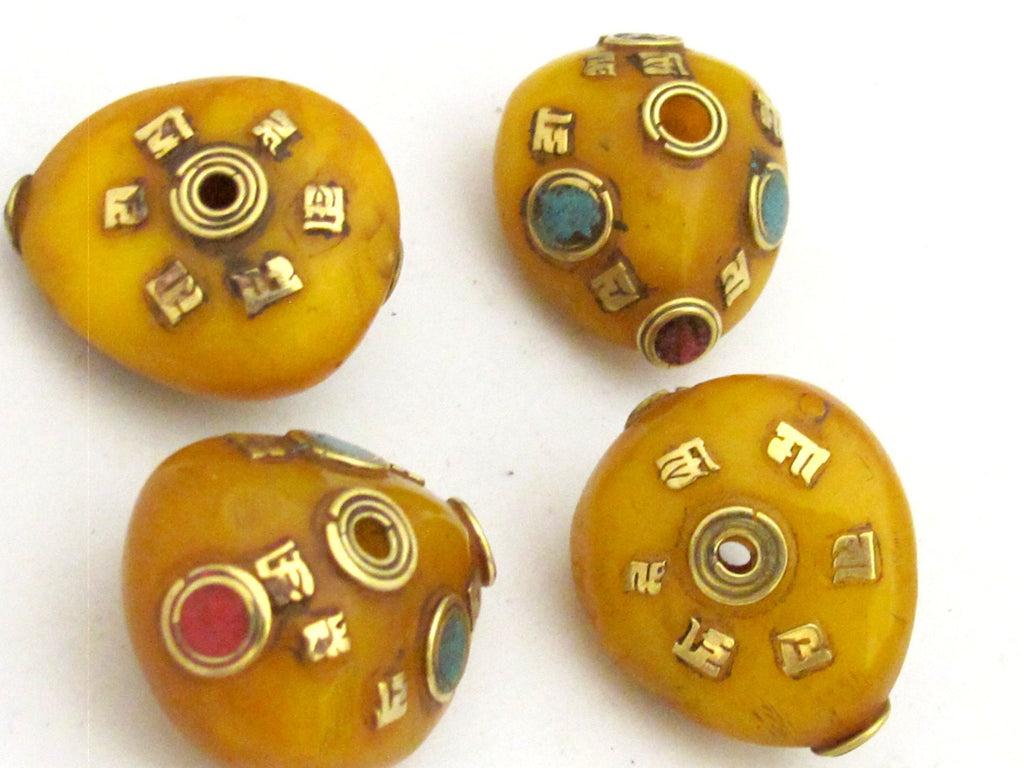 1 Bead - Beautiful reversible Tibetan copal resin beads with brass Om mantra and turquoise inlay - BD721