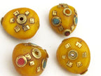 1 Bead - Beautiful reversible Tibetan copal resin beads with brass Om mantra and turquoise inlay - BD721