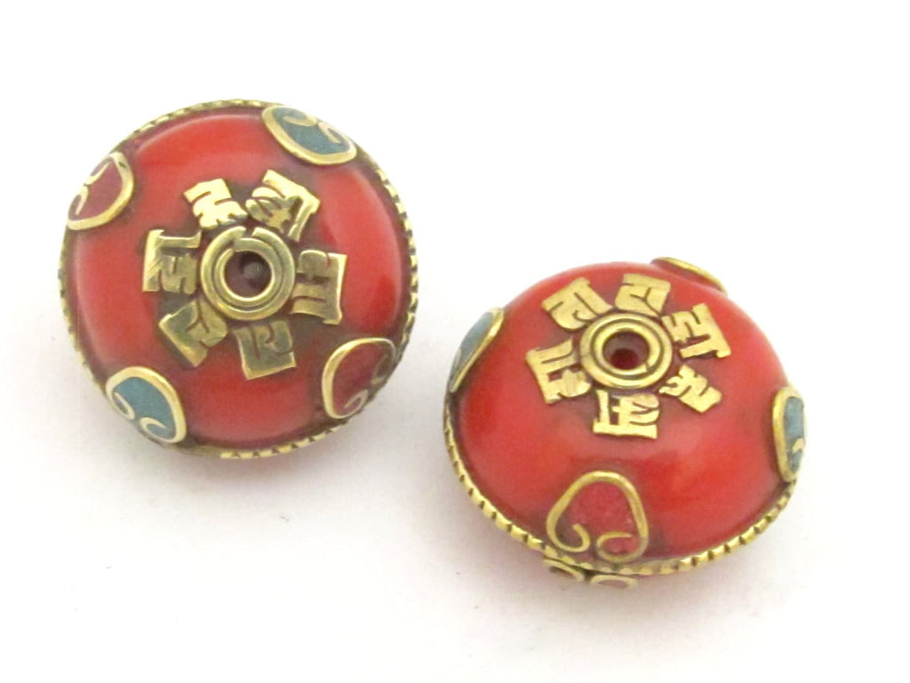 1 Bead - Beautiful reversible Tibetan red copal resin beads with brass Om mantra and turquoise inlay - BD722