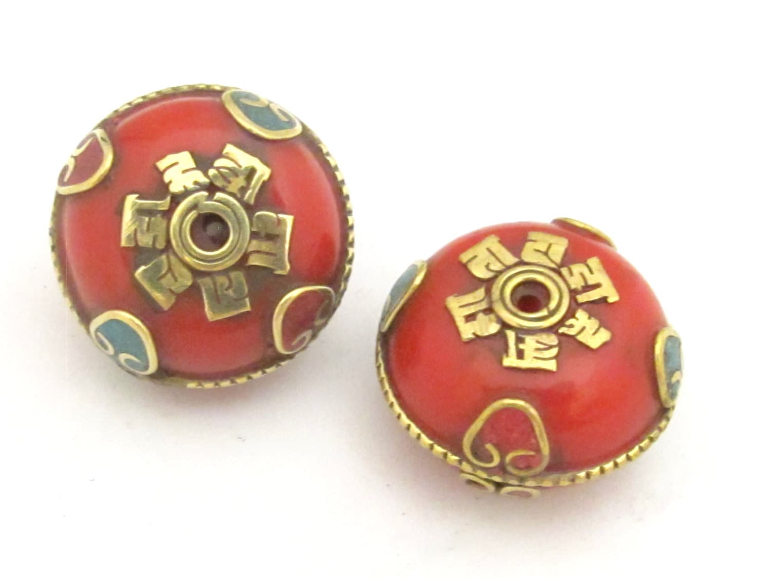 1 Bead - Beautiful reversible Tibetan red copal resin beads with brass Om mantra and turquoise inlay - BD722