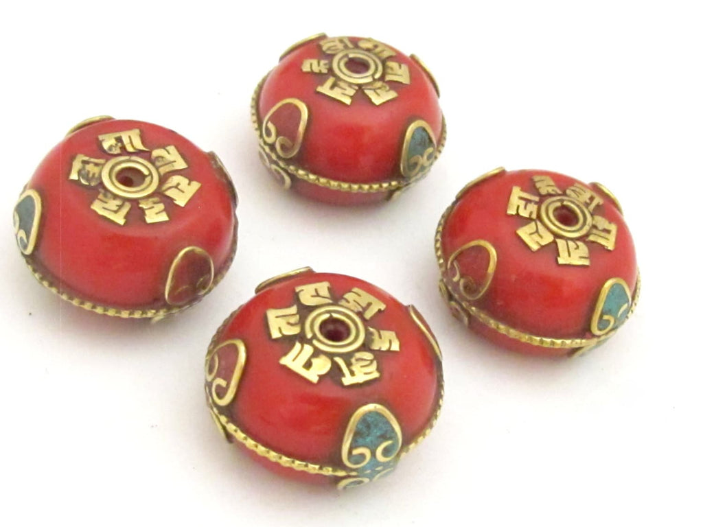 1 Bead - Beautiful reversible Tibetan red copal resin beads with brass Om mantra and turquoise inlay - BD722