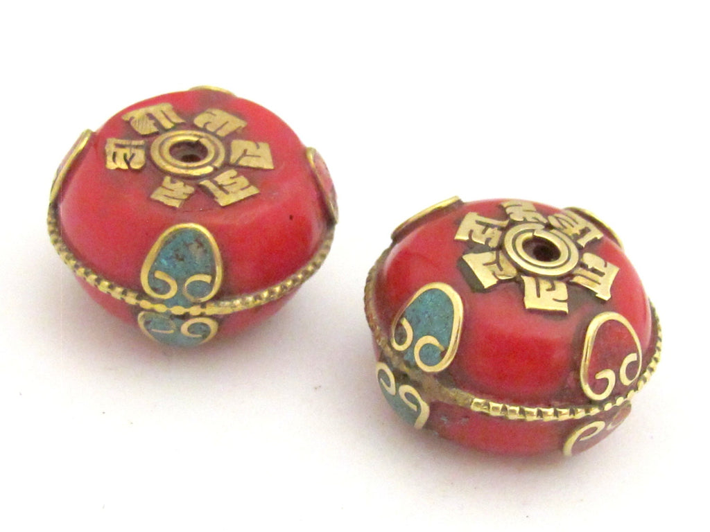 1 Bead - Beautiful reversible Tibetan red copal resin beads with brass Om mantra and turquoise inlay - BD722