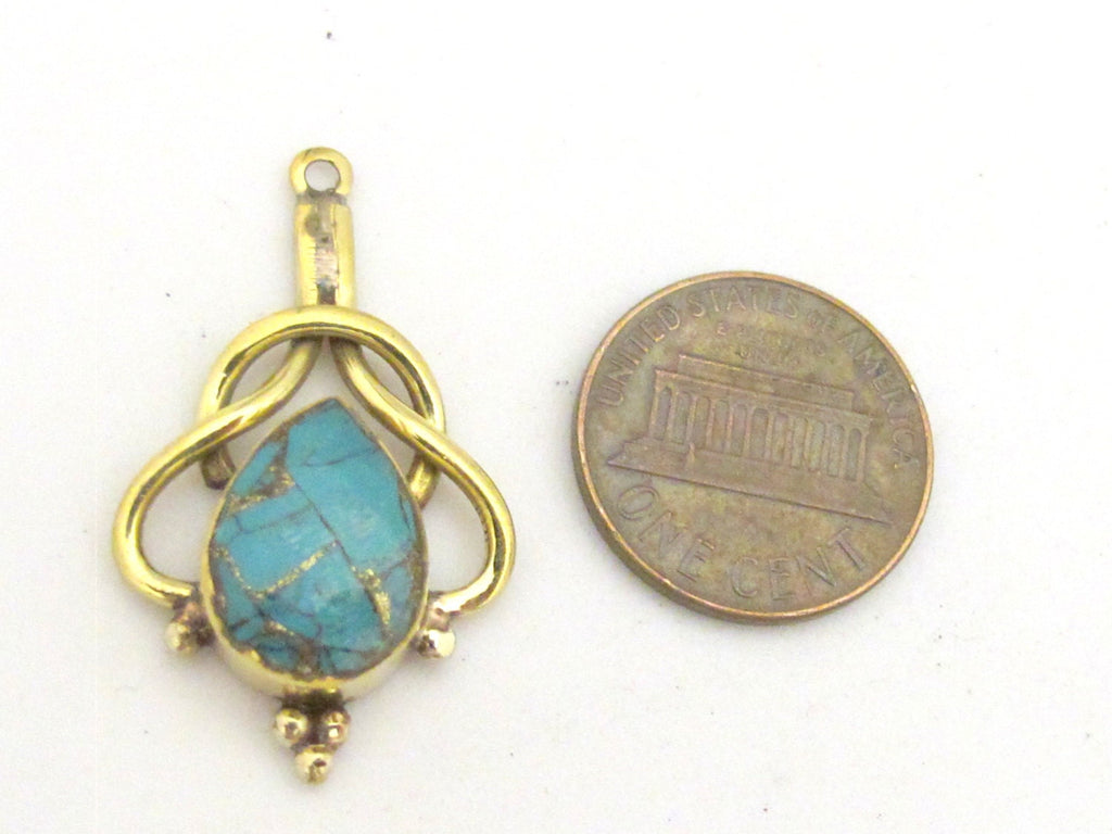 2 pieces - Tibetan Brass teardrop design turquoise inlaid charms - PM335A
