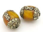 1 bead - Large Tibetan honey copal resin capped bead with tibetan silver dorje vajra symbol - BD723