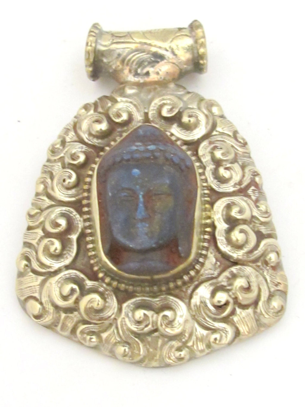 Tibetan silver blue Buddha pendant with floral repousse details - PM336B