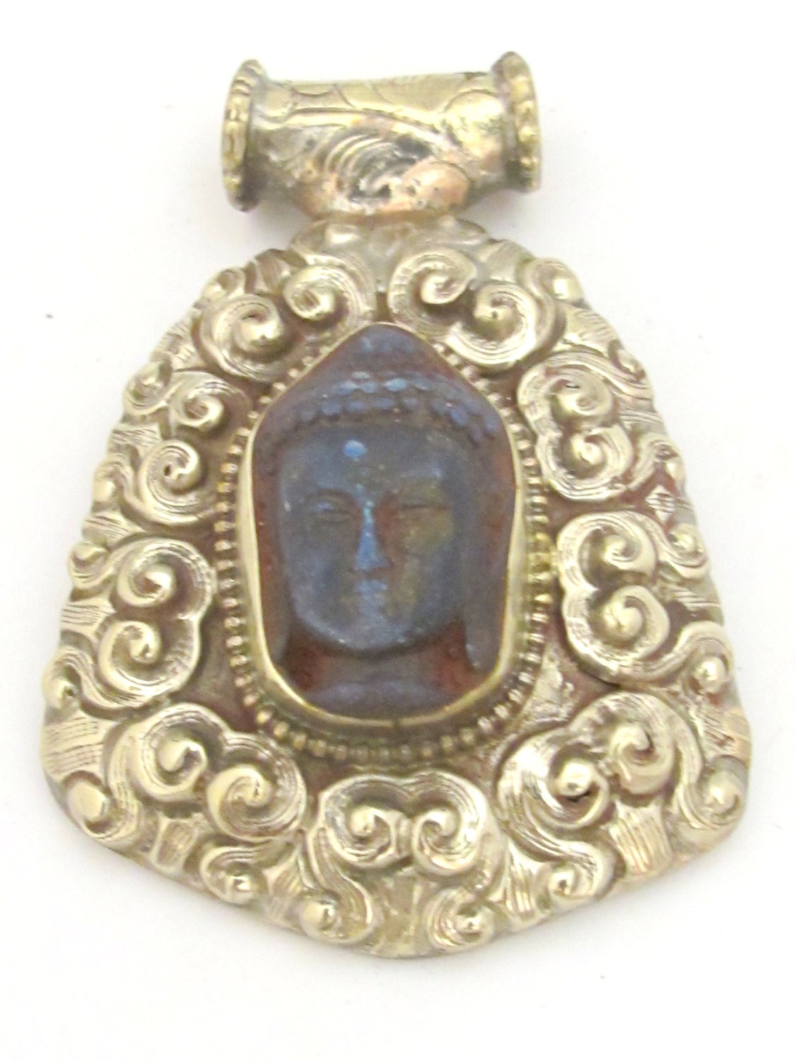 Tibetan silver blue Buddha pendant with floral repousse details - PM336B