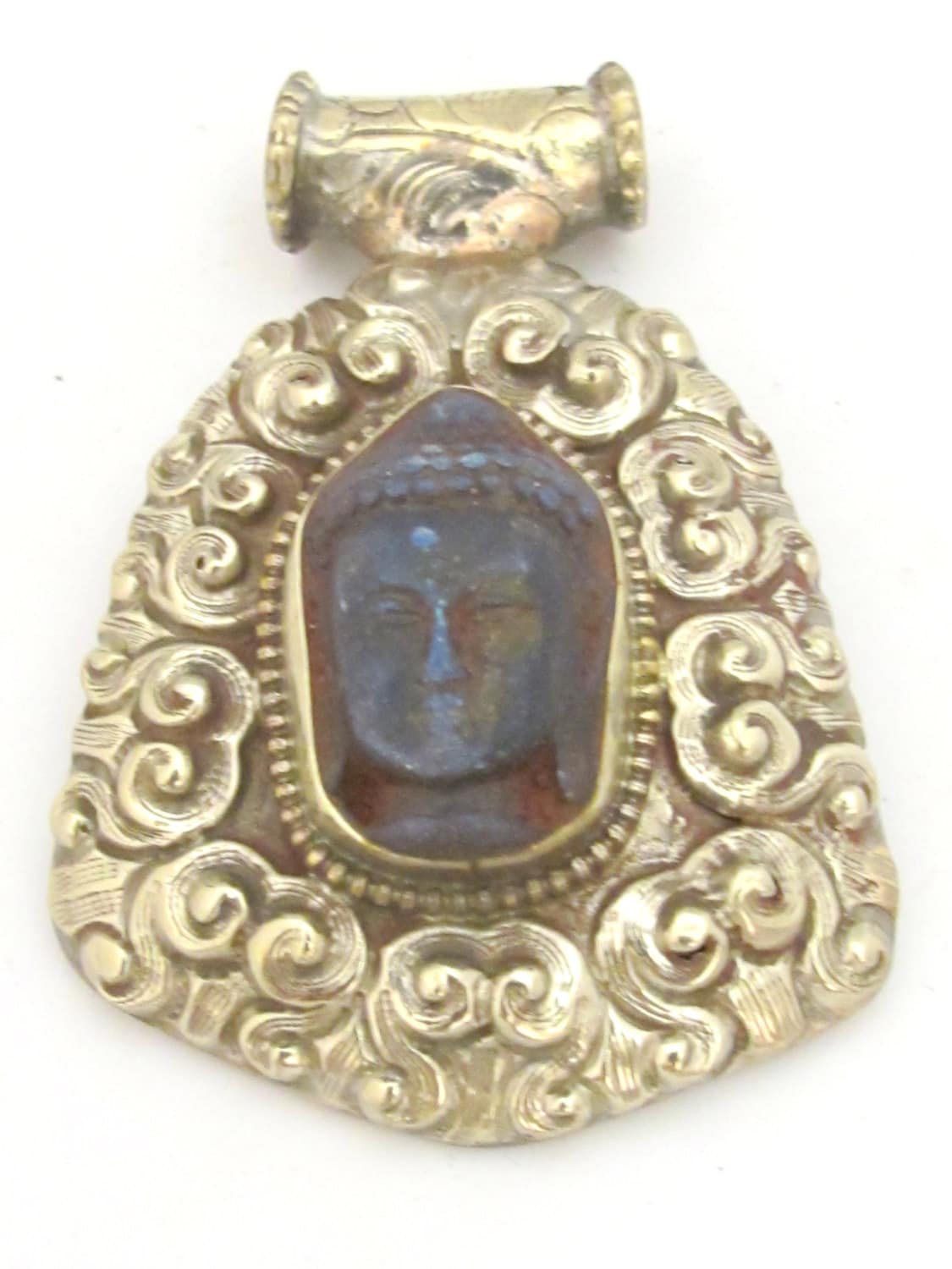 Tibetan silver blue Buddha pendant with floral repousse details - PM336B
