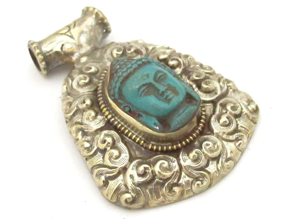 Tibetan silver green Buddha pendant with floral repousse details - PM337A