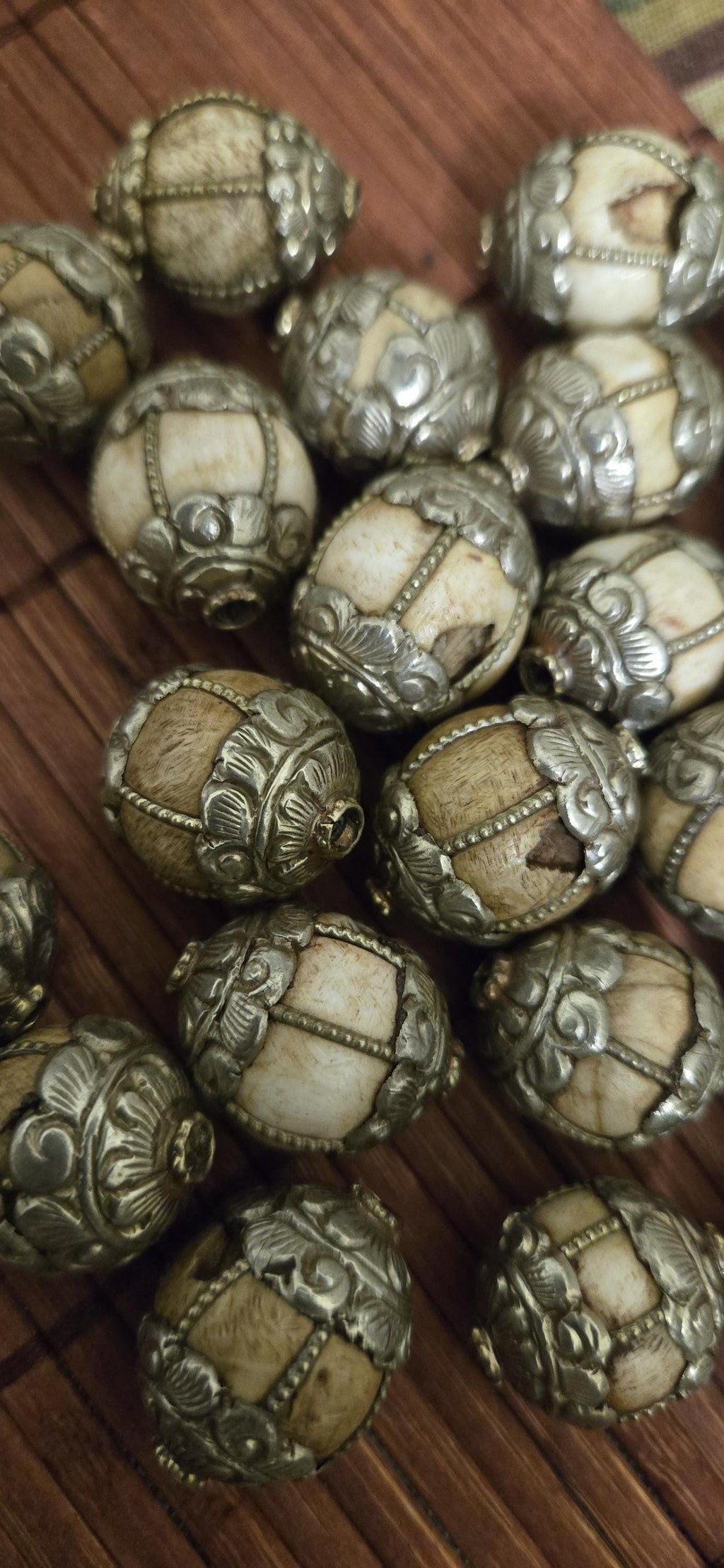 2 Beads - Tibetan floral capped grooved wire inlaid Tribal naga conch shell bead antiqued rustic finish - CH073